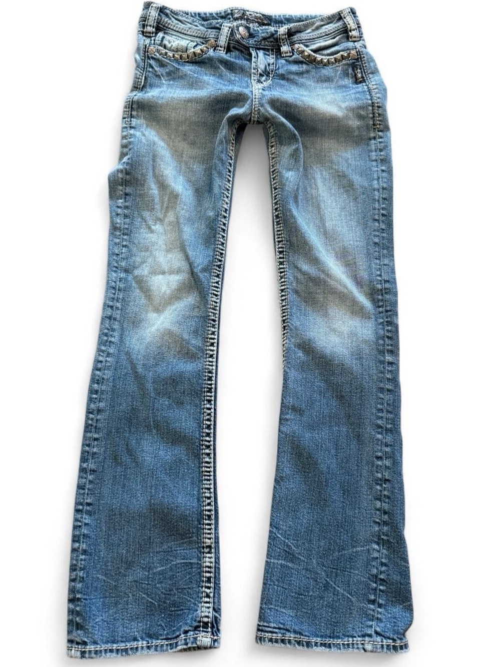 Silver Jeans Co Womens Y2K Tuesday Baby Bootcut Jean size 26 Medium Wash Studded